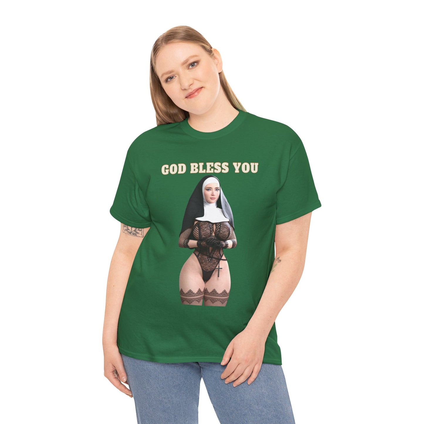 God Bless You Sexy Nun Hot Model Big Breast Girl T-shirt For Him Shirt For Men Cotton Tee Black Tshirt Sizes From M to 5XL