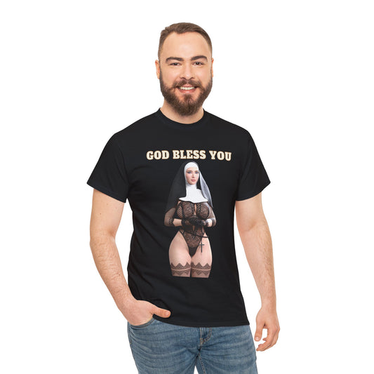 God Bless You Sexy Nun Hot Model Big Breast Girl T-shirt For Him Shirt For Men Cotton Tee Black Tshirt Sizes From M to 5XL